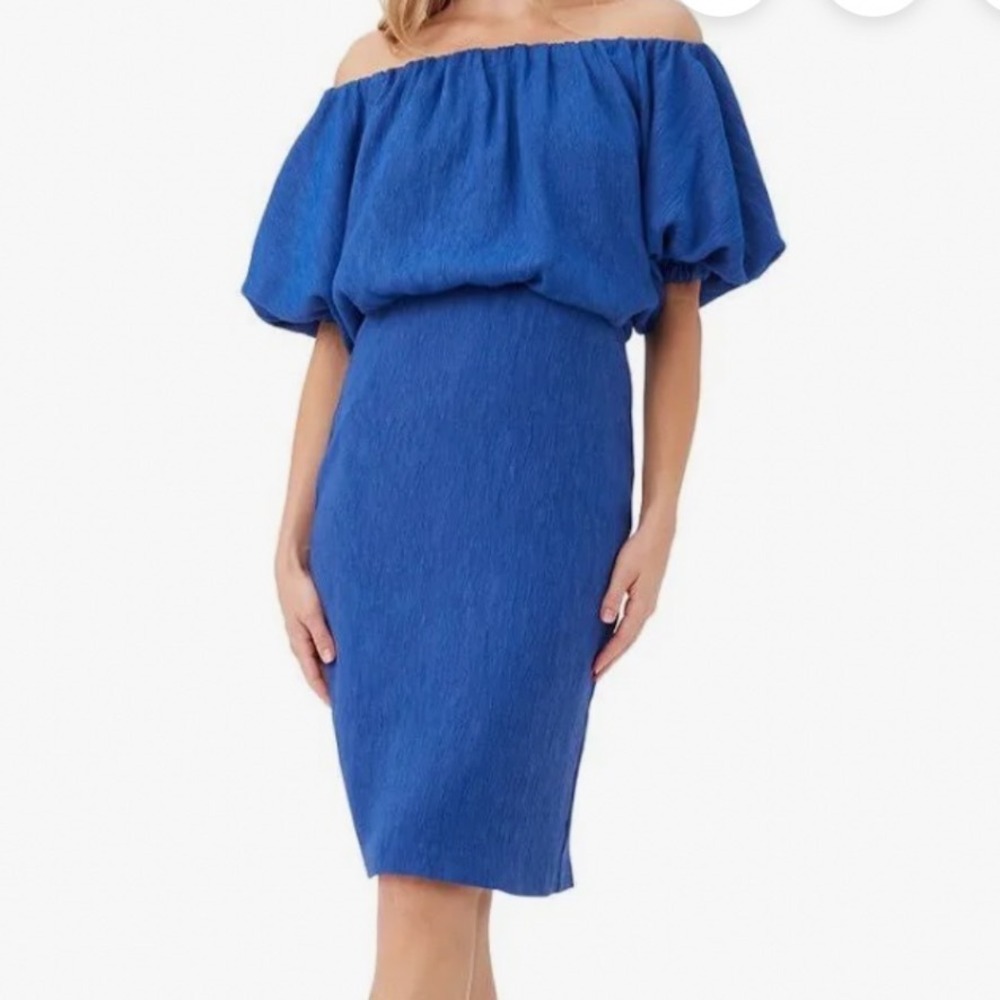 Trina Turk Tatiana Dress Royal Blue Off The Shoulder Puff Sleeve Sheath L NEW